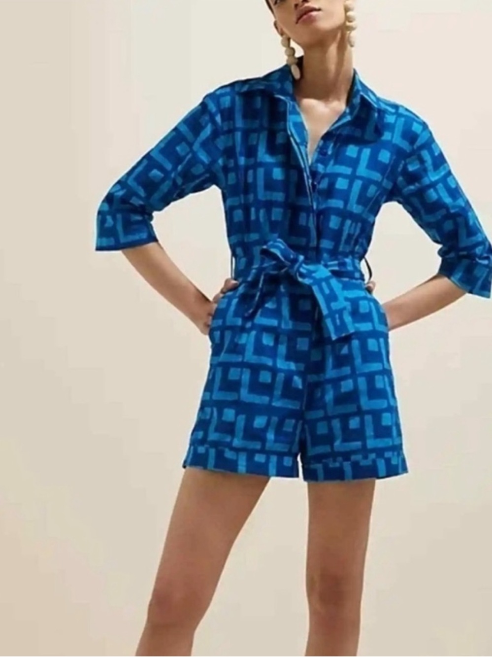 Anthropologie Sika Geometric Romper Blue Size 8 Removable Belt NWT